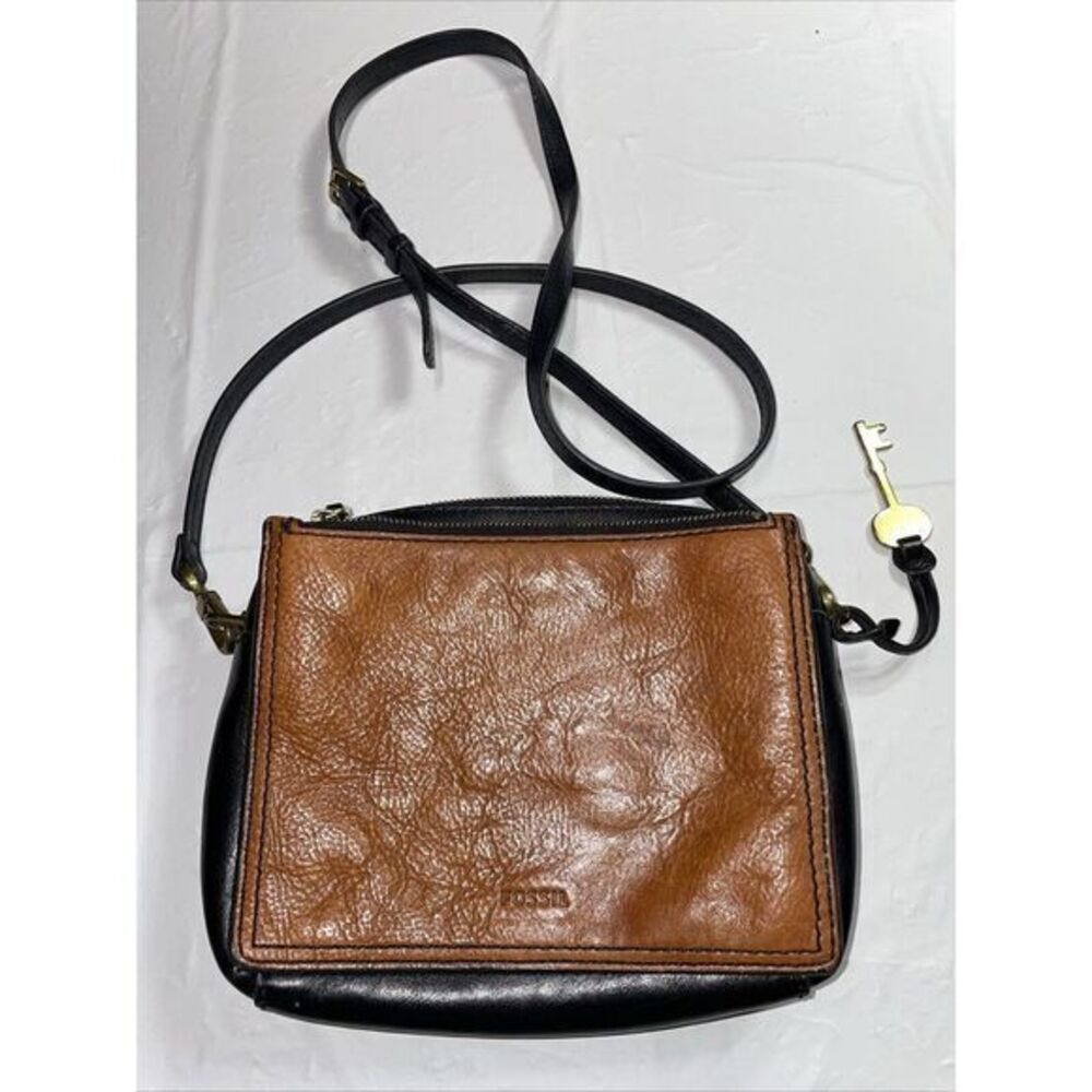 Fossil Campbell Brown‎ Black Leather Small Crossbody Bag With Key 7.5x6x2.5"